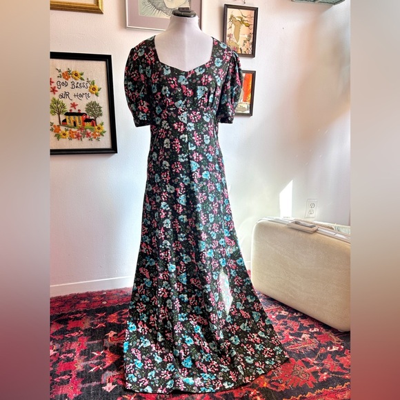 Vintage 1970s Floral Prairie Maxi Dress – 40s Inspired Puff Sleeve Gown - Picture 1 of 8